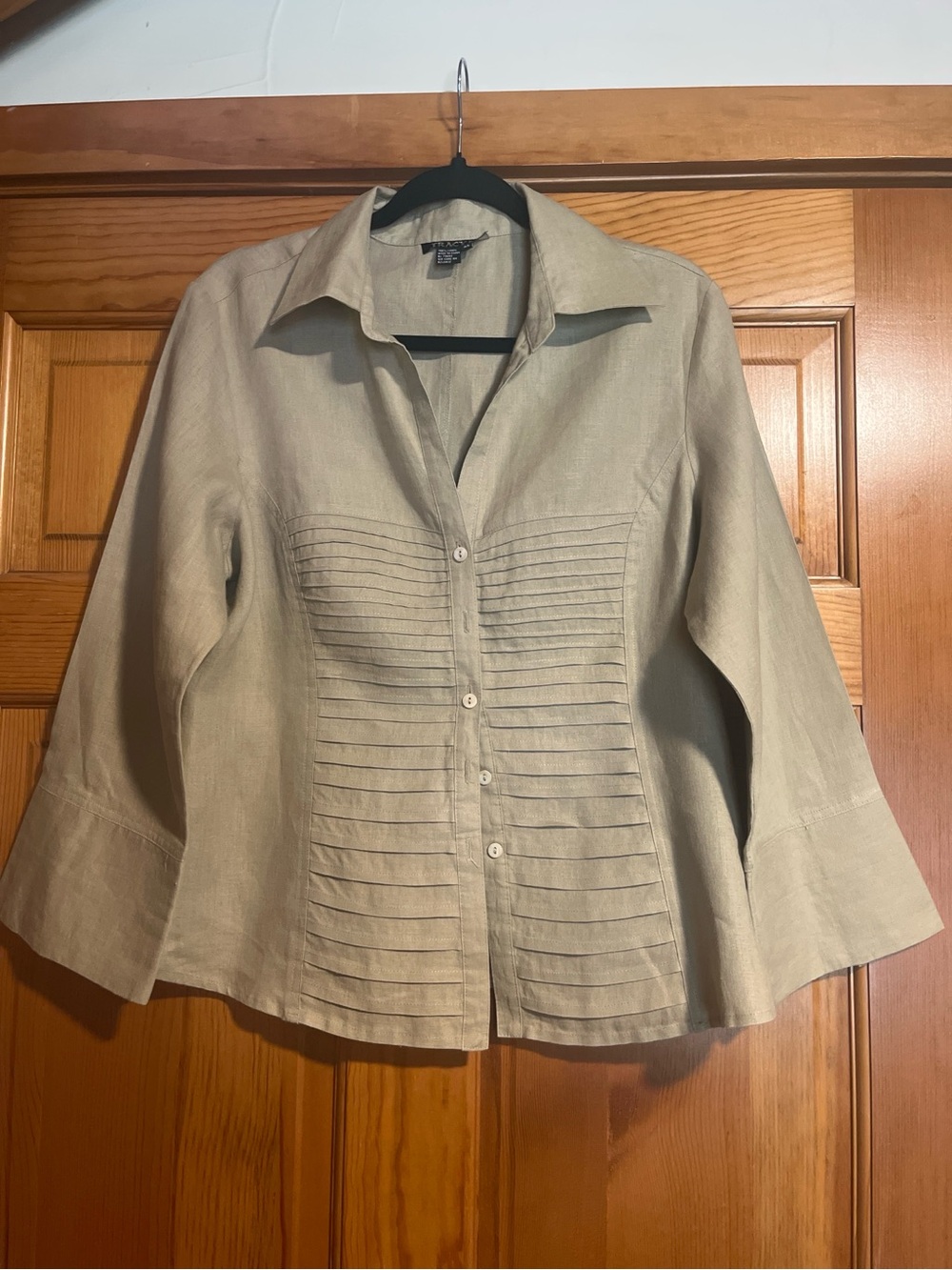 Tracy M Light Taupe 100%Linen Pintuck Button-Front Blouse